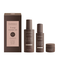 Bioelements 3-step starter set packaging shown on vanity for acne-prone skin routines.