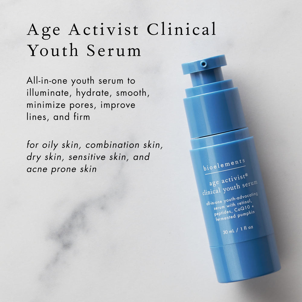Bioelements Age Activist Serum ingredients graphic emphasizes retinol, peptides, and CoQ10 for skin vitality
