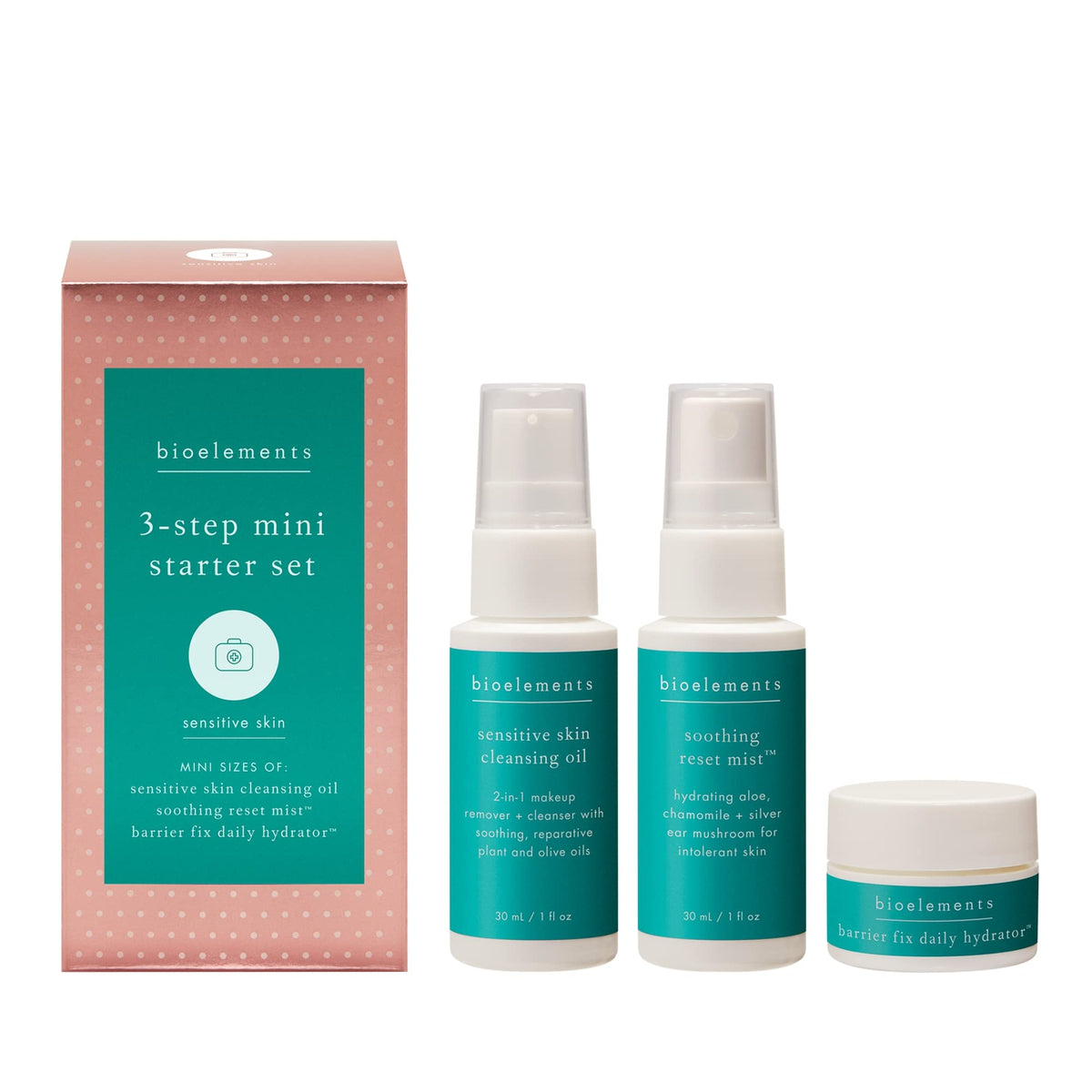 Bioelements cleansing oil bottle pour for gentle makeup removal and calm skin.