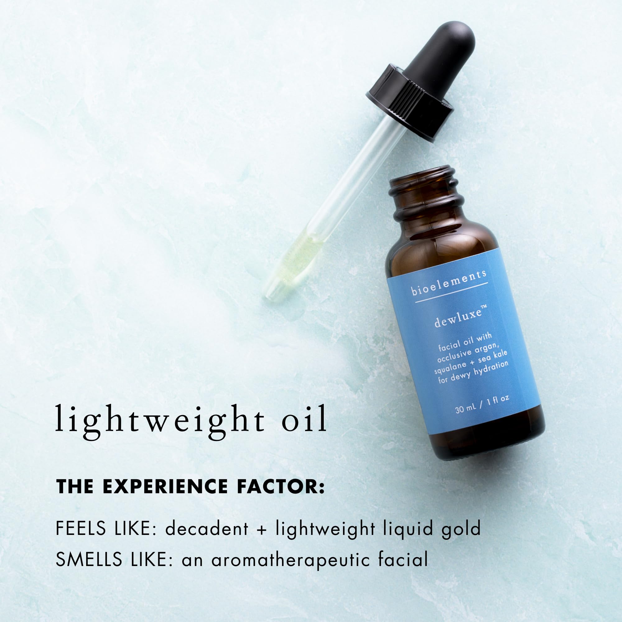 Bioelements Dewluxe packaging label emphasizing vegan, gluten-free, cruelty-free formula.