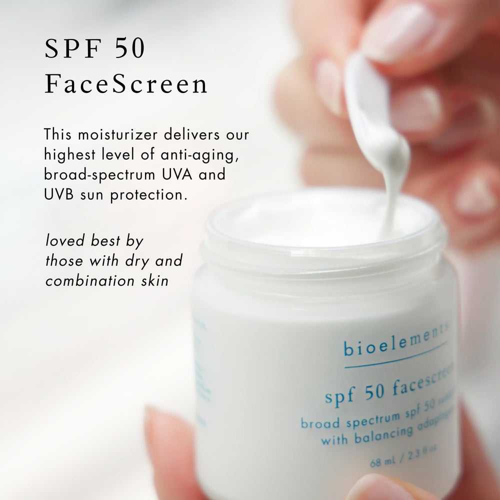 Bioelements FaceScreen SPF 50 applied under makeup for a smooth, dewy base.