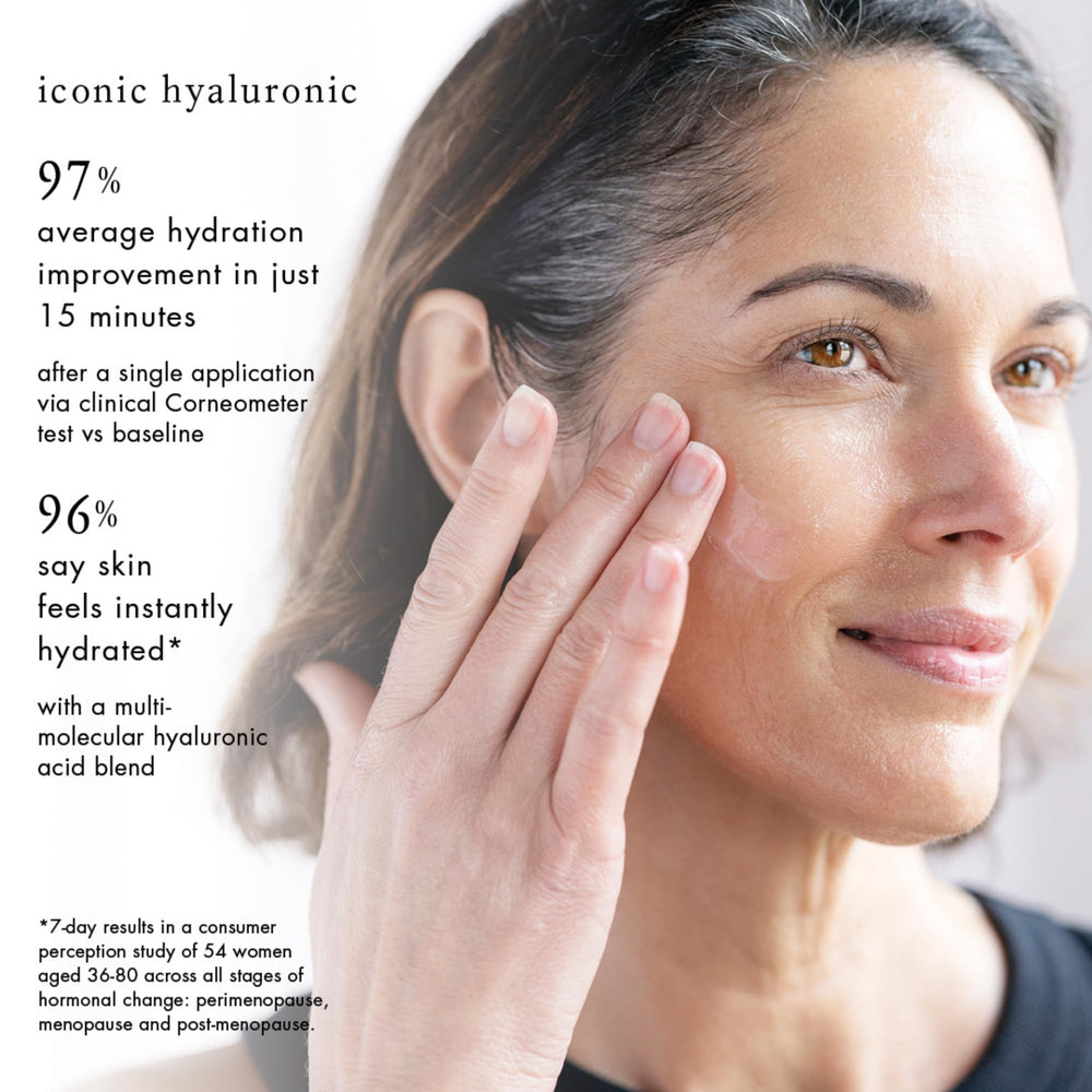 Bioelements Iconic Hyaluronic Serum being applied to the face for daily moisture.