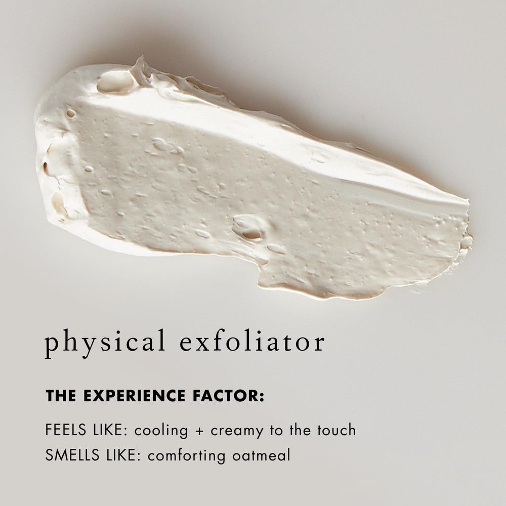 Close-up shows jojoba beads in a clay creme for gentle exfoliation.