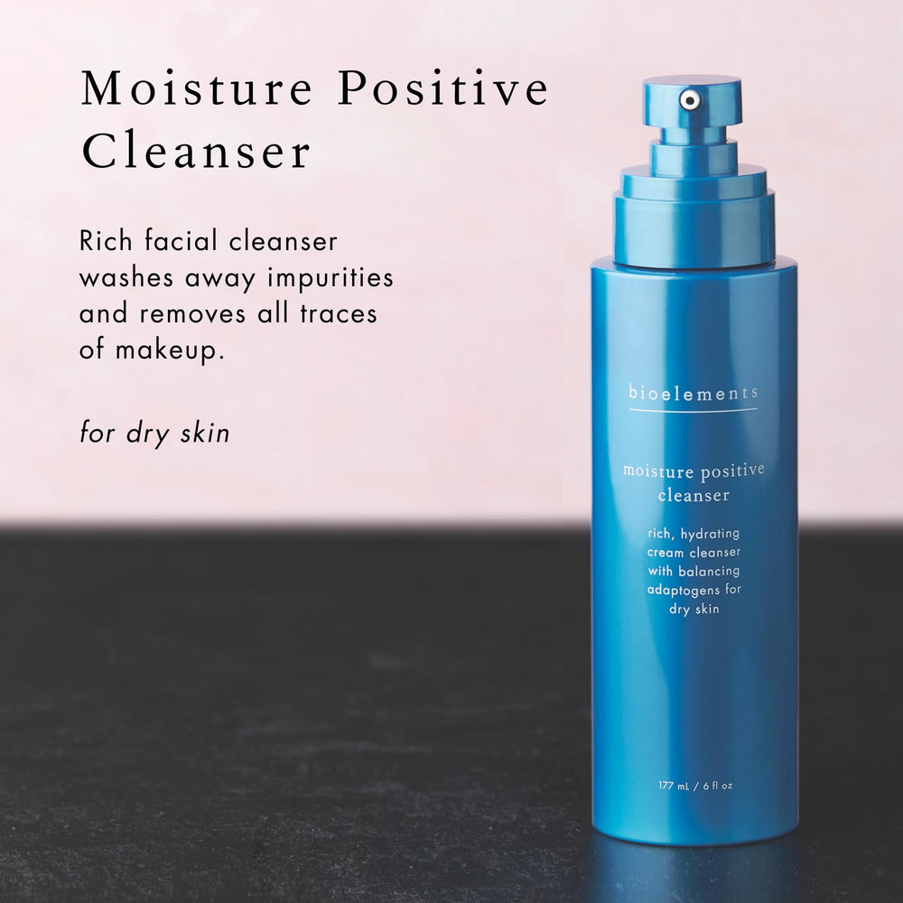 Bioelements Moisture Positive Cleanser pump application demonstrates nourishing lather for daily use