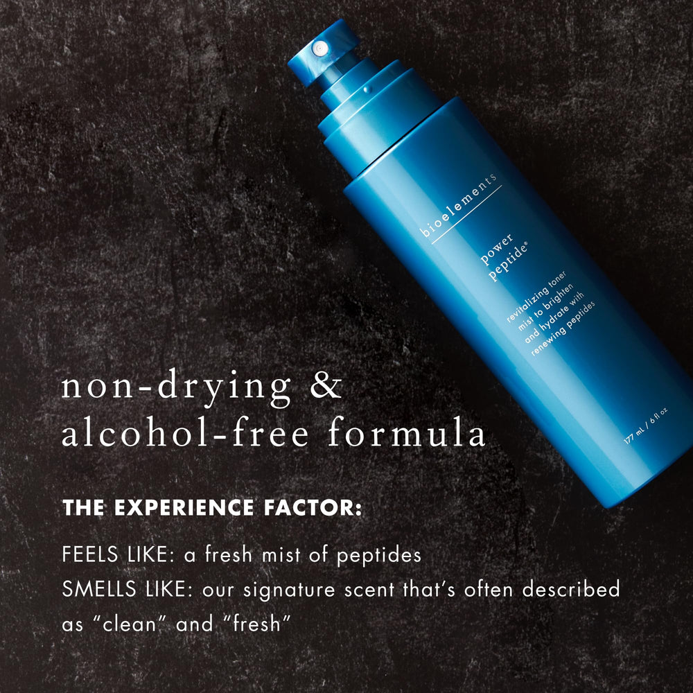 Bioelements Power Peptide Toner bottle close-up label highlighting vegan formula