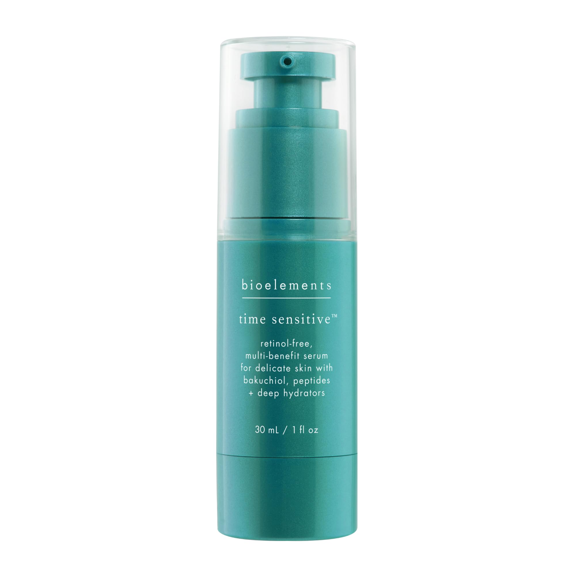 Bioelements Time Sensitive serum bottle shows a gentle, retinol-free anti-aging option.