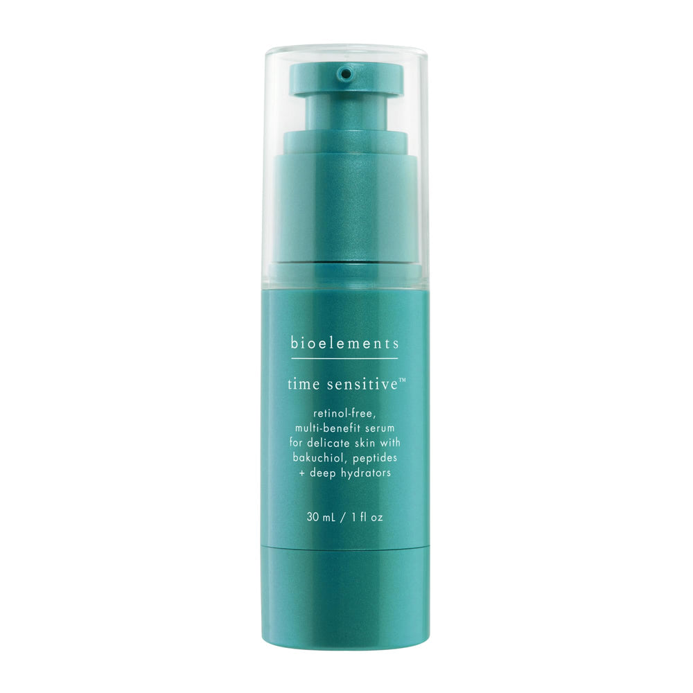 Bioelements Time Sensitive serum bottle shows a gentle, retinol-free anti-aging option.