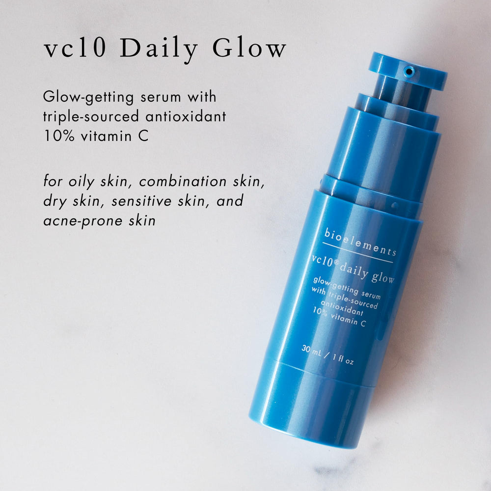 Bioelements vc10 Daily Glow serum ingredients highlighted with hyaluronic acid and antioxidants.