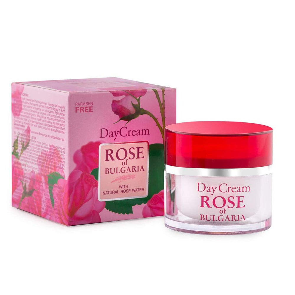 Biofresh Cosmetics Rose of Bulgaria Day Cream jar with rose water for silky skin in mornings.