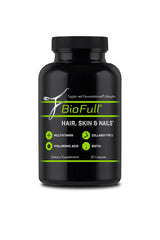 BioFull Hair Skin Nails capsules close-up highlighting biotin and collagen for skin and hair.
