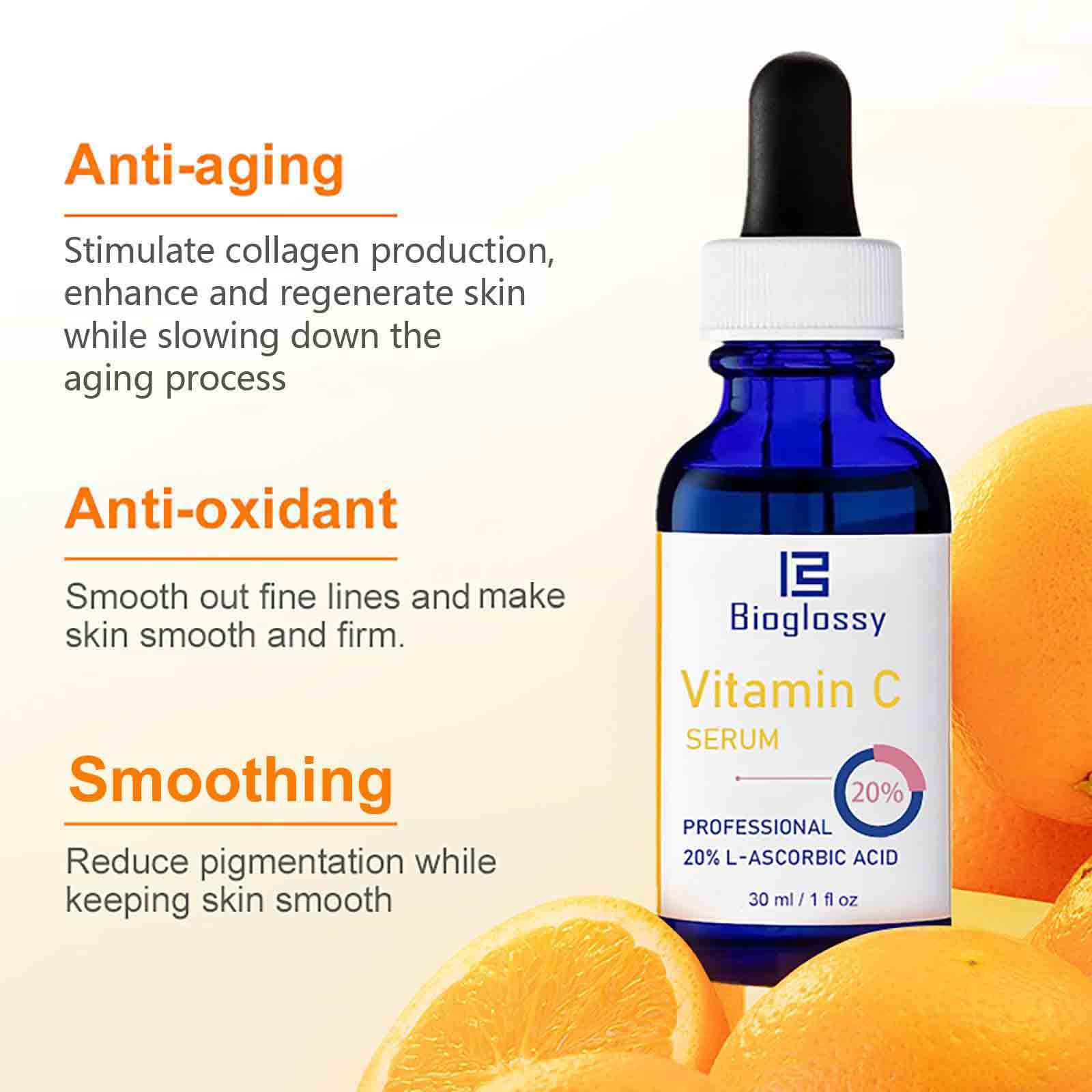 Bioglossy Vitamin C Serum near a clean face hints gentle, effective care.