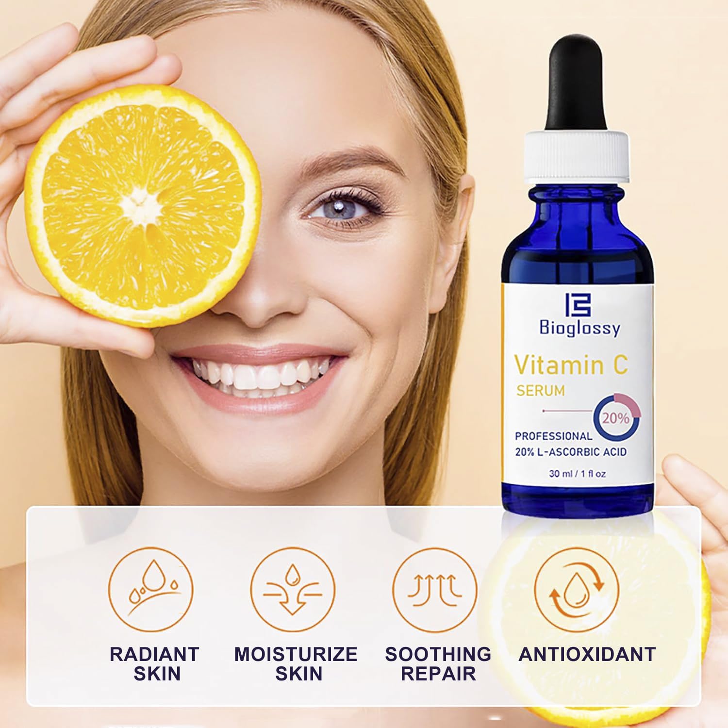 Bioglossy Vitamin C Serum dropper application demonstrates precise daily dosing.