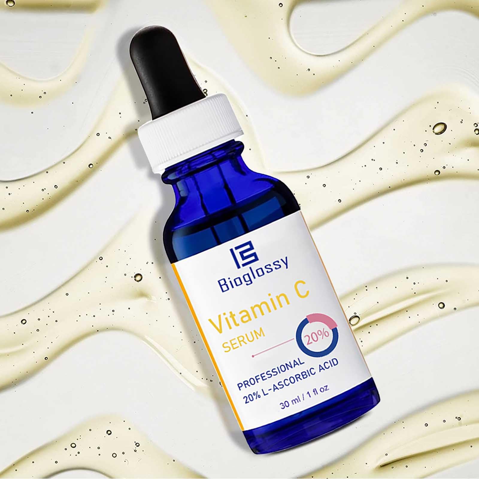 Bioglossy Vitamin C Serum ingredients closeup highlights antioxidants and brightening potential.