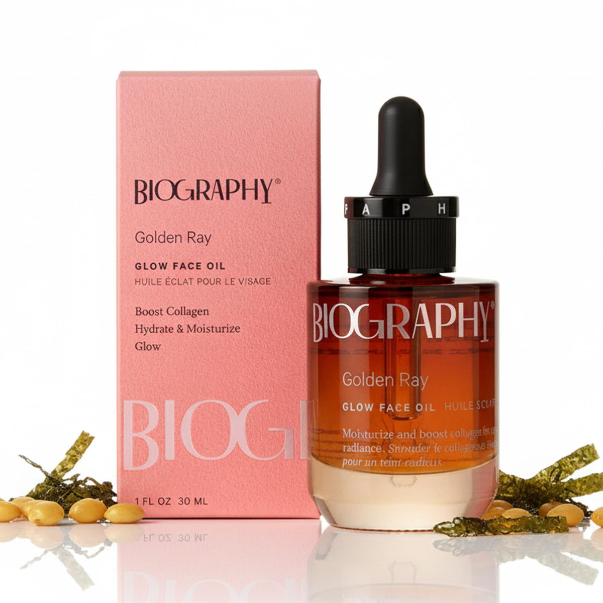 Biography Face Oil Glow bottle pour showing hydrating formula and glow