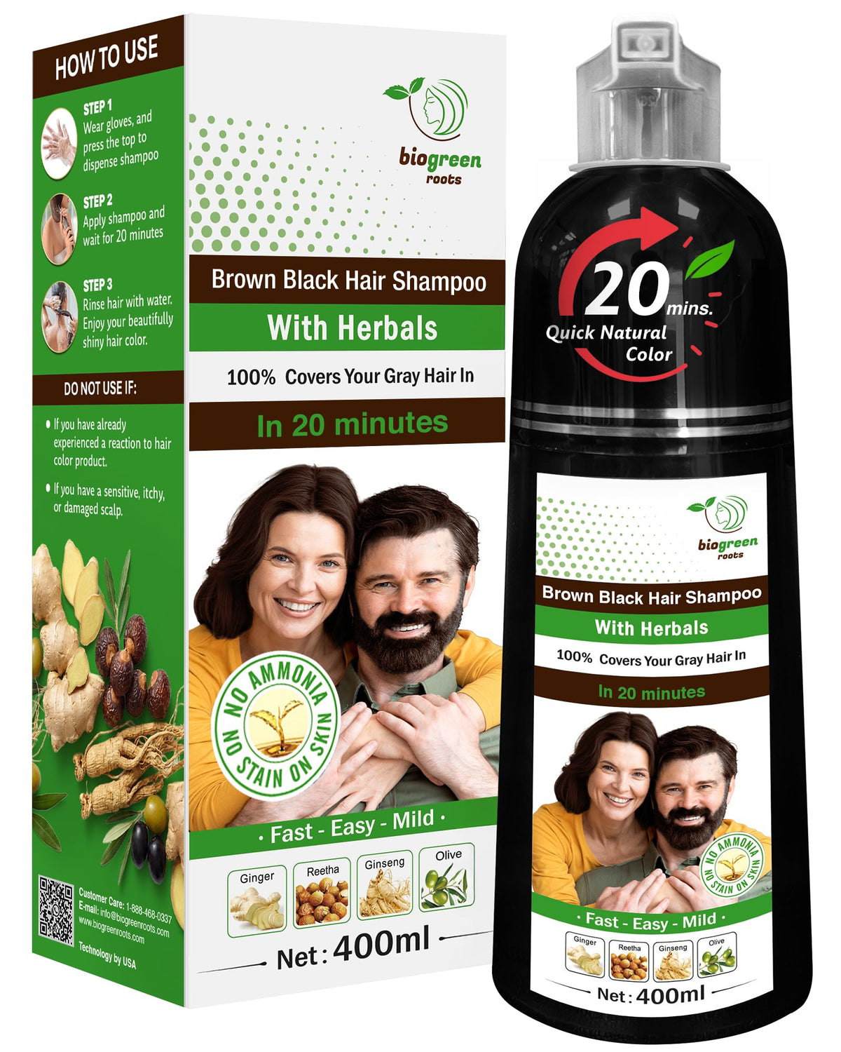 BIOGREEN ROOTS ammonia-free hair dye shampoo bottle for safe at-home color.