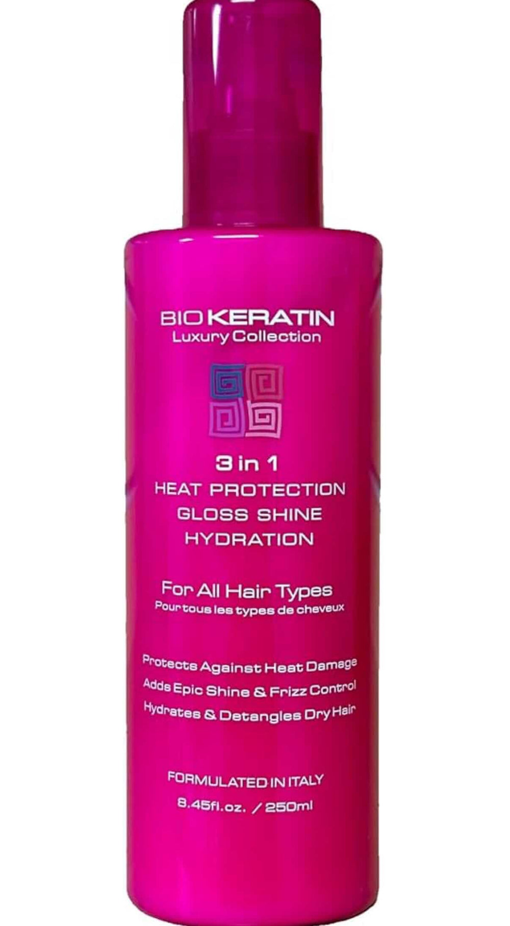 Biokeratin Luxury 3-in-1 bottle showing heat protection, shine, and hydration.