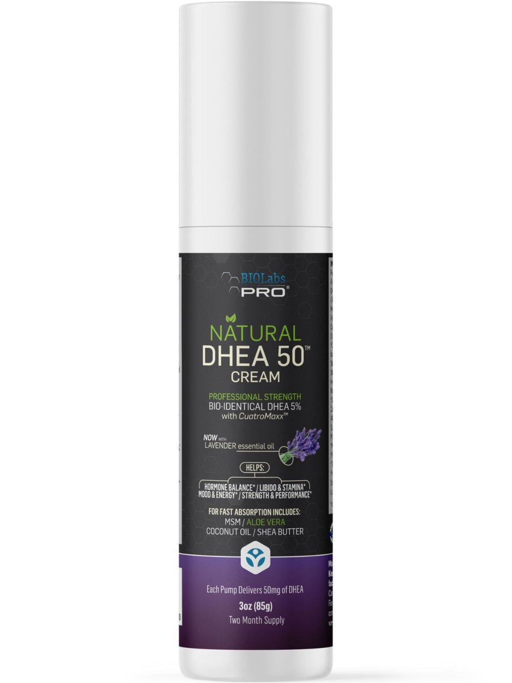 BIOLABS PRO DHEA cream bottle with lavender, 50 mg for daily use