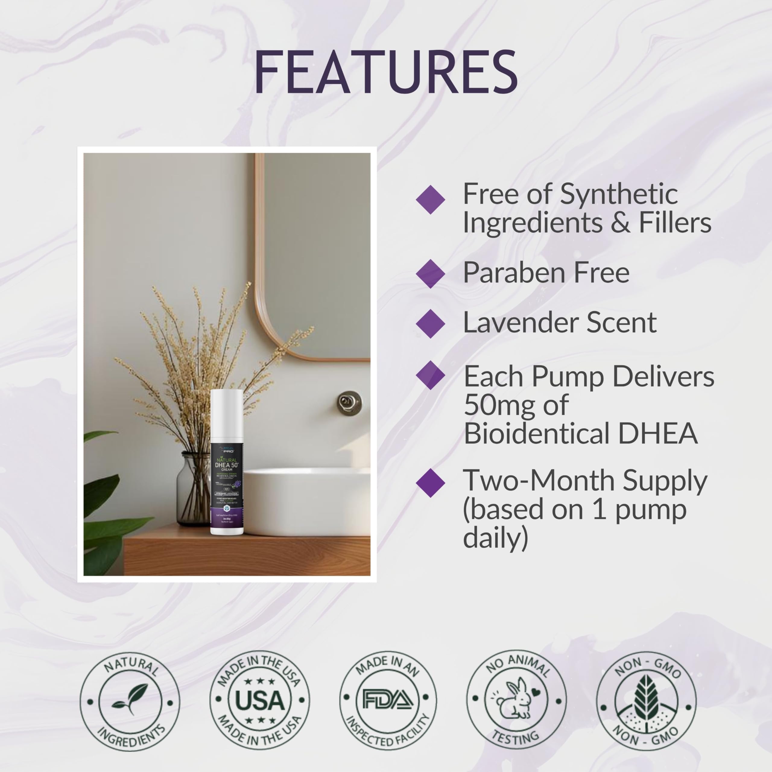 BIOLABS PRO DHEA cream ingredients label featuring fenugreek, tribulus, maca