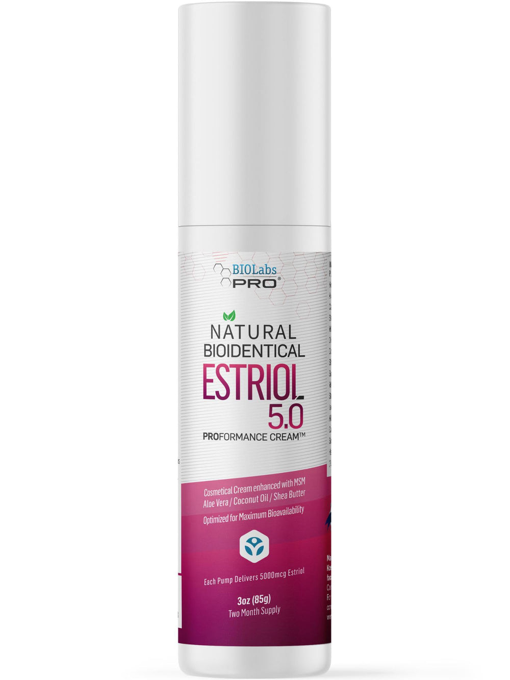 BIOLABS PRO Estri Cream bottle pour showing 5 mg E3 per dose for daily balance