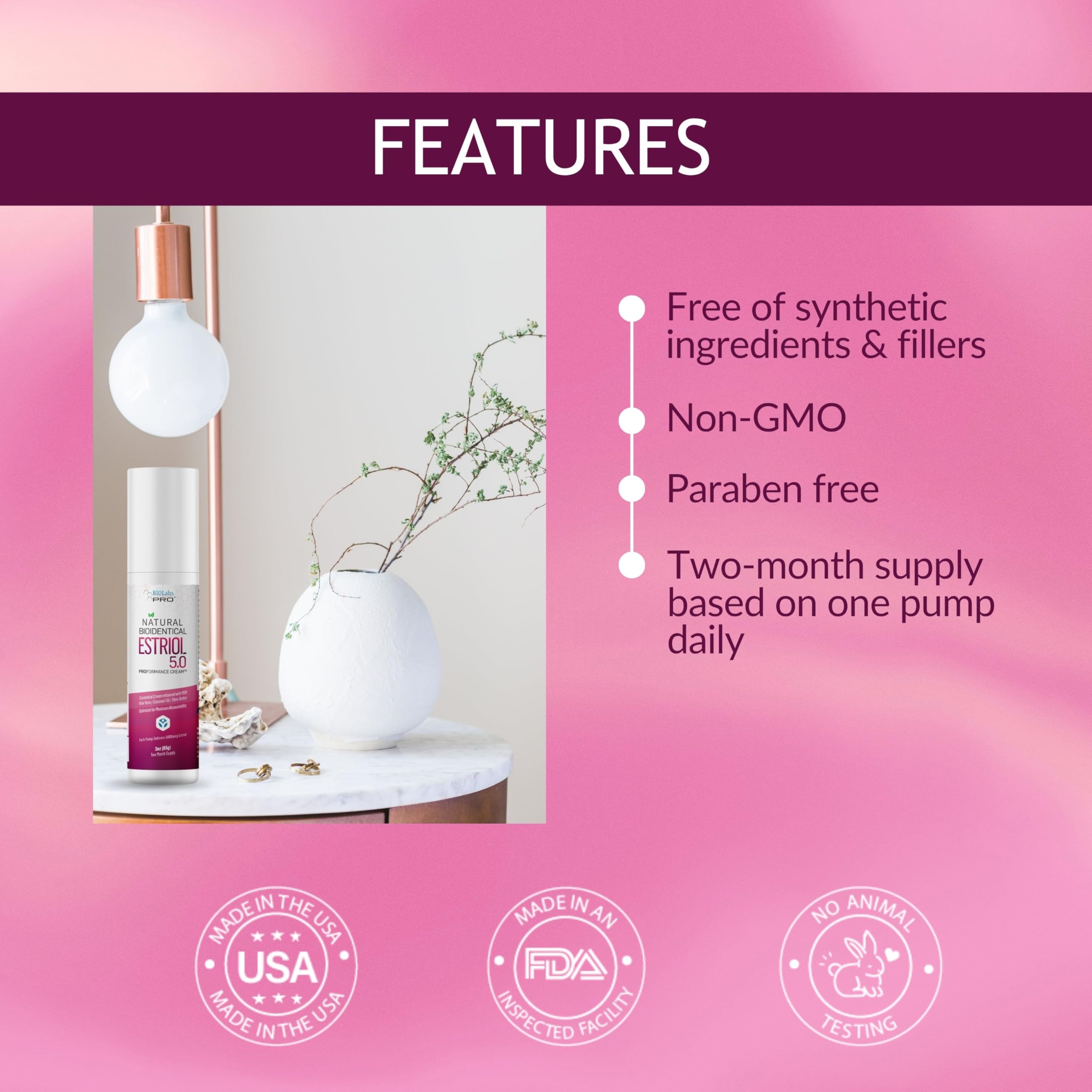 BIOLABS PRO Estri Cream label front highlighting clean, USA-made formulation