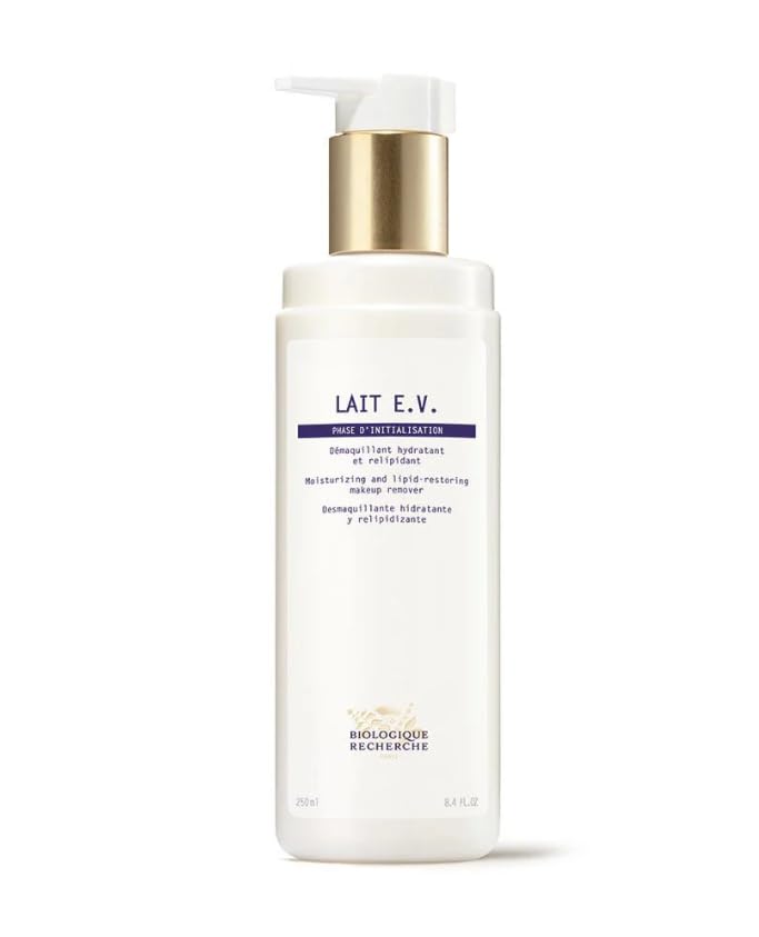 Biologique Recherche Lait E.V. makeup remover bottle showing hydrating cleansing for dry skin