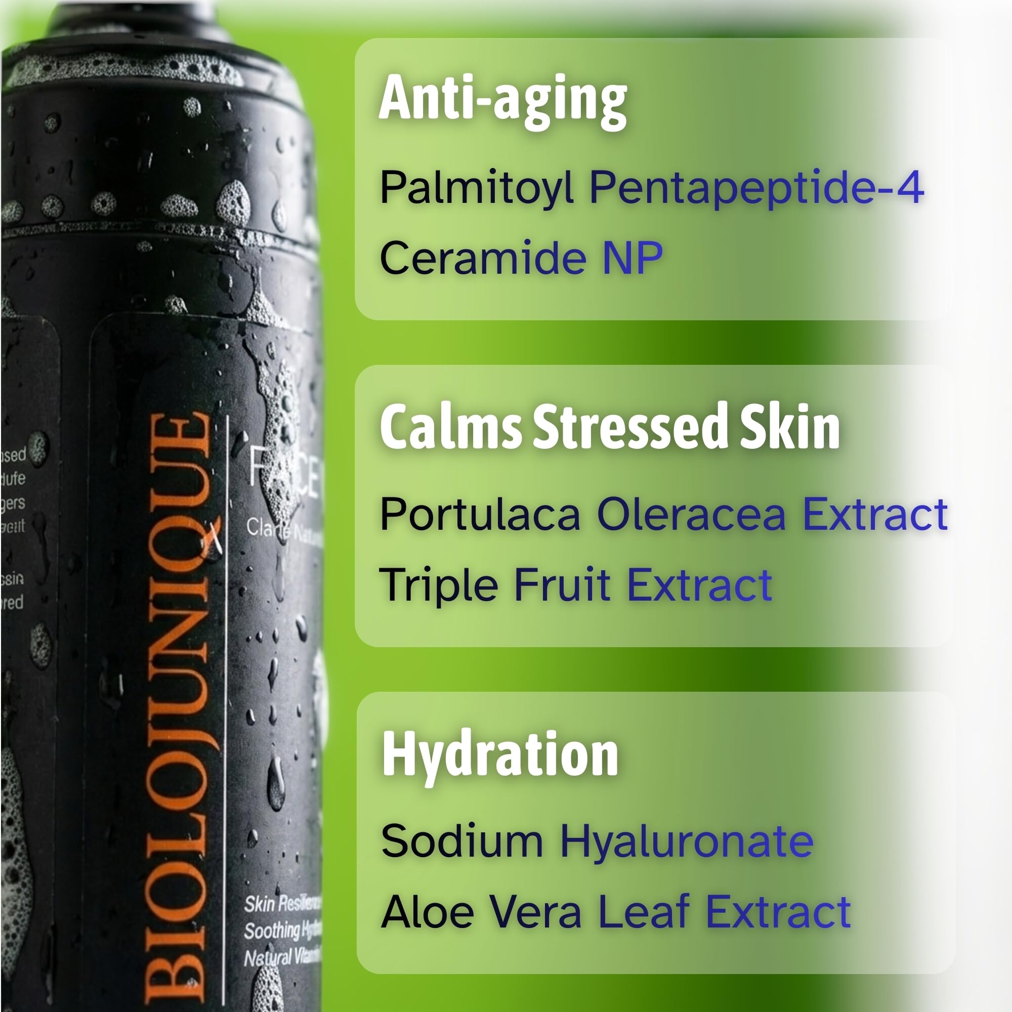 BIOLOJUNIQUE ceramide NP and peptides support moisture retention in mature skin.