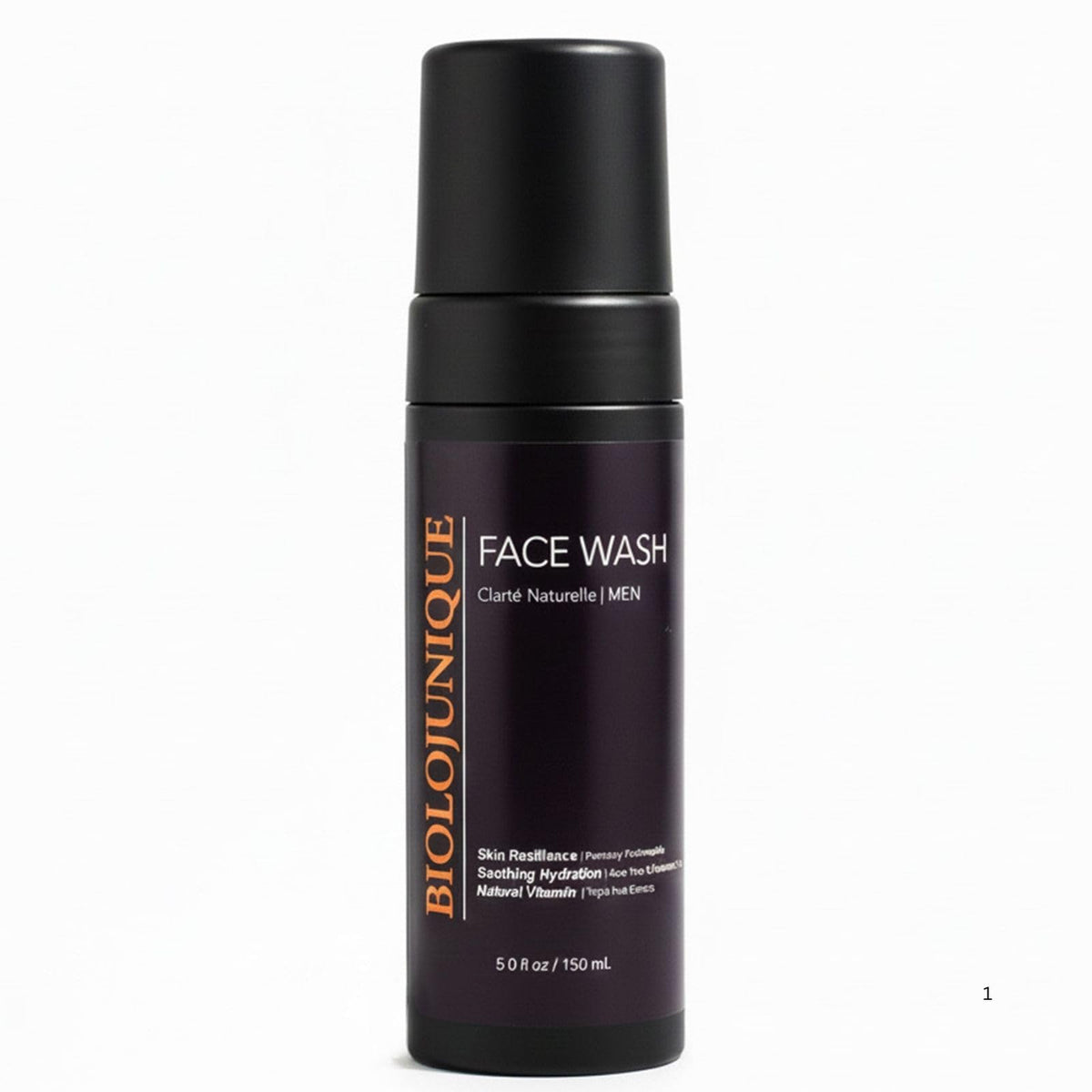 BIOLOJUNIQUE men's face wash bottle with pump delivers rich foam for deep cleanse.