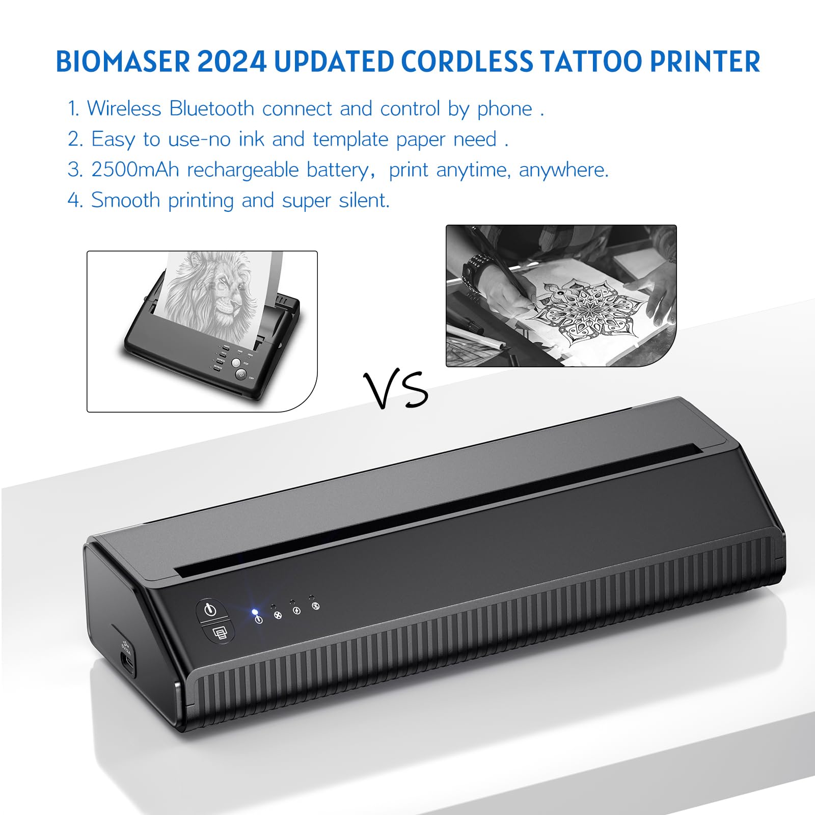 BIOMASER tattoo stencil printer shown in a small studio setup for portable use.