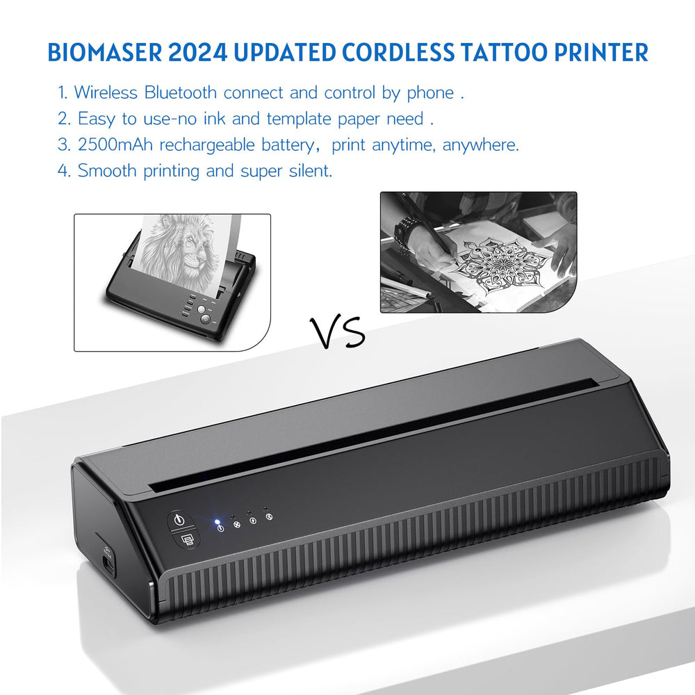 BIOMASER tattoo stencil printer shown in a small studio setup for portable use.
