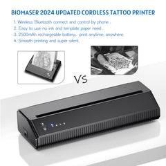 BIOMASER tattoo stencil printer shown in a small studio setup for portable use.