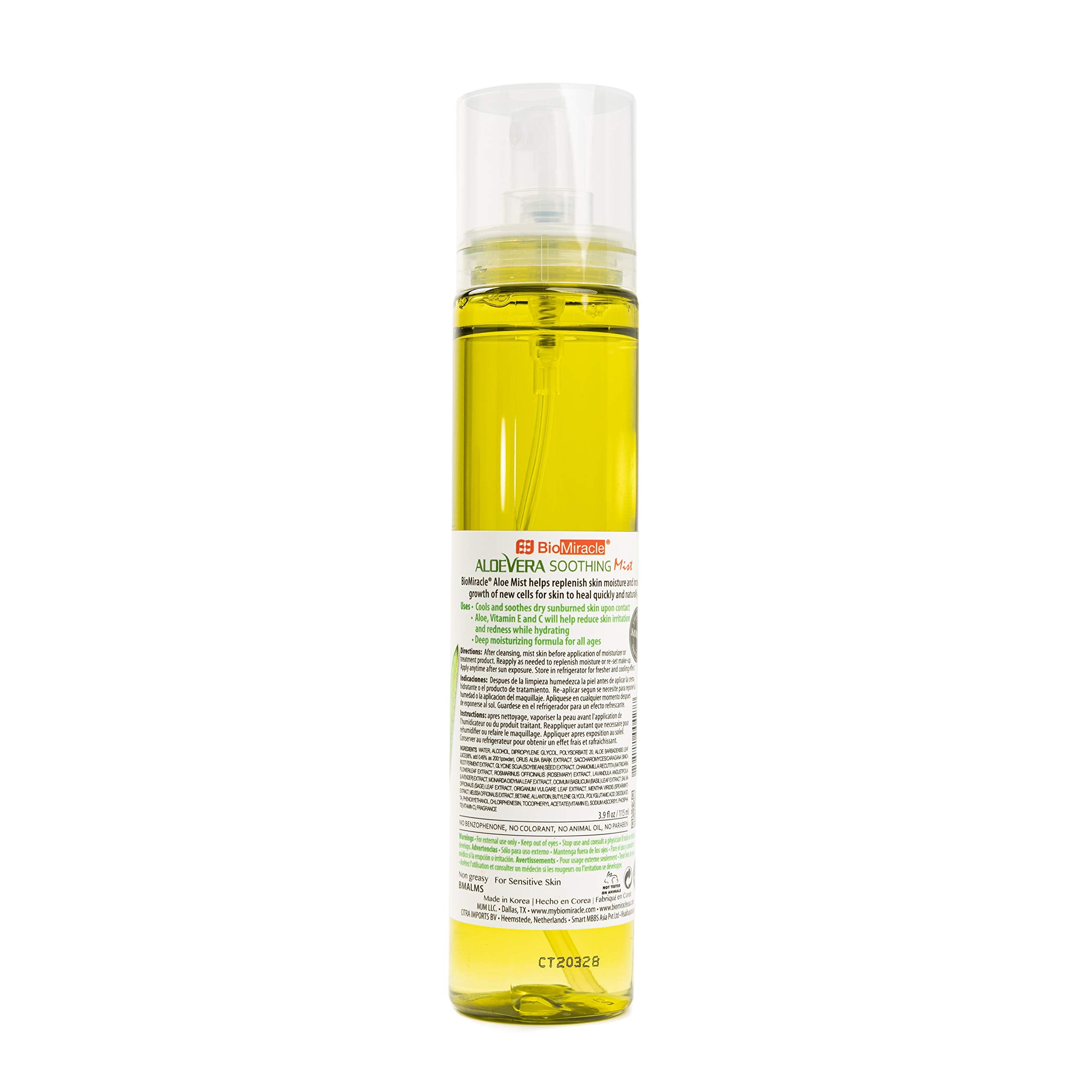 BioMiracle Aloe Vera Soothing Mist spray close-up demonstrates refreshing cooling mist for dry skin