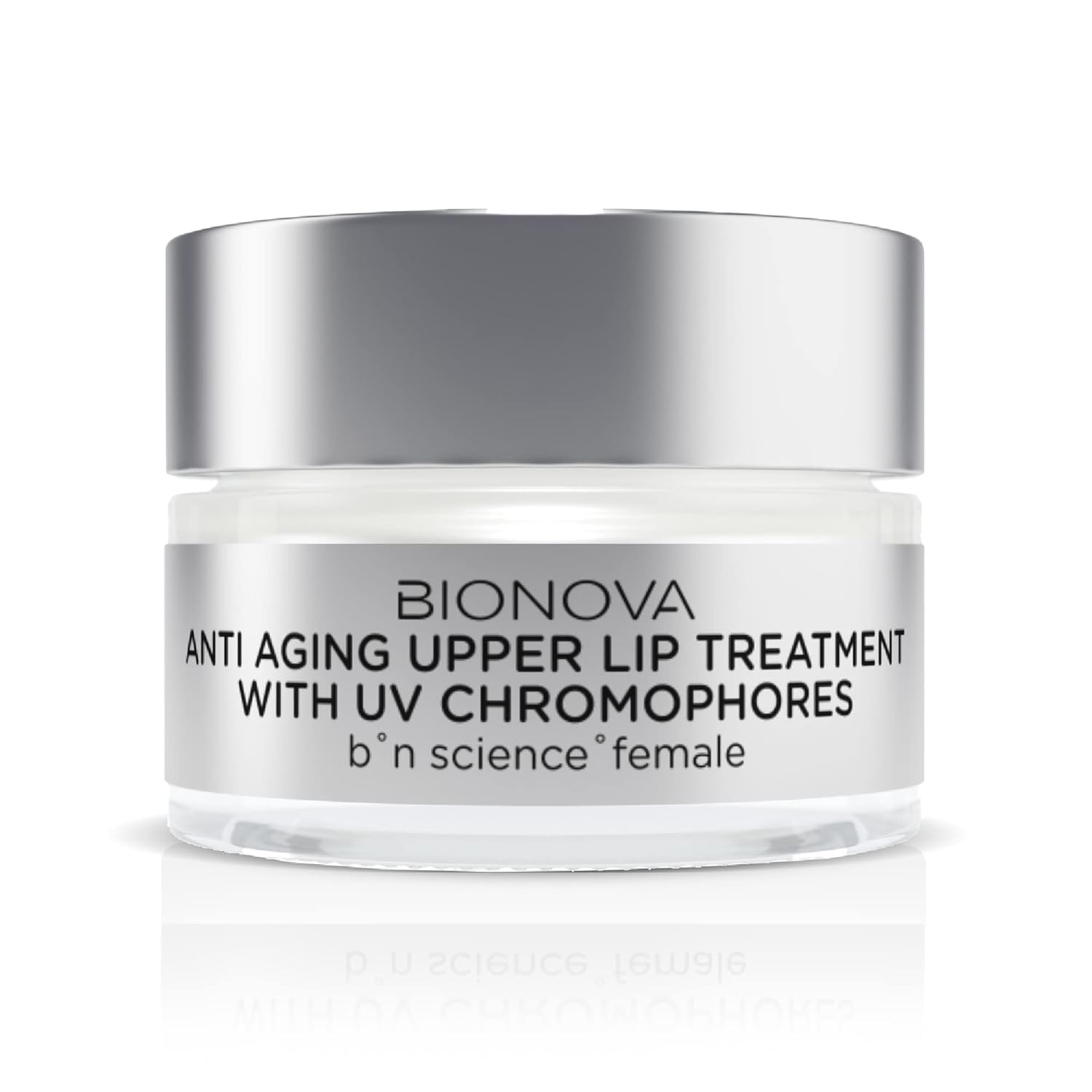 BIONOVA upper lip treatment jar close-up showing silky texture for smoother lip lines.