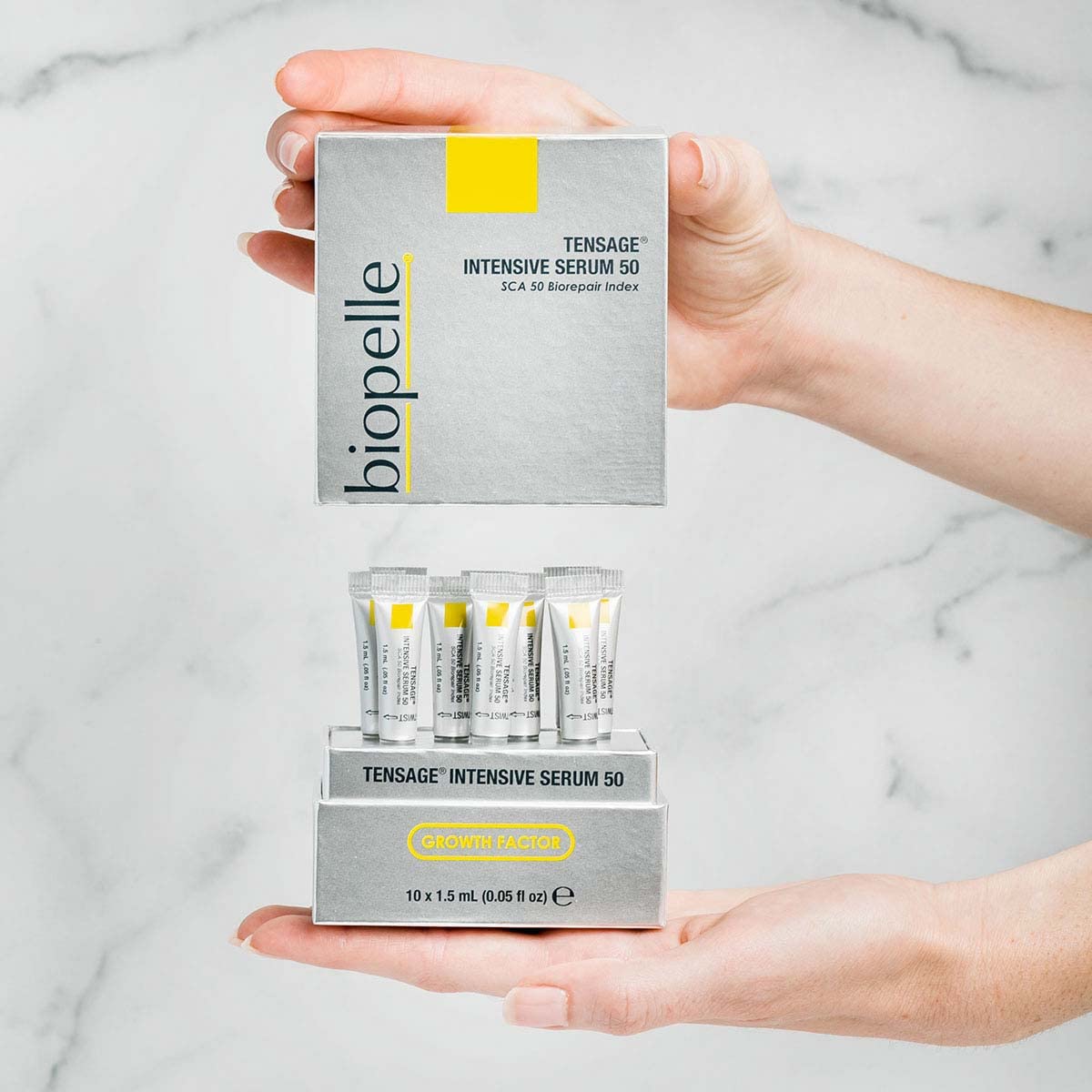 Biopelle Tensage serum dispensing close-up suggesting precise application