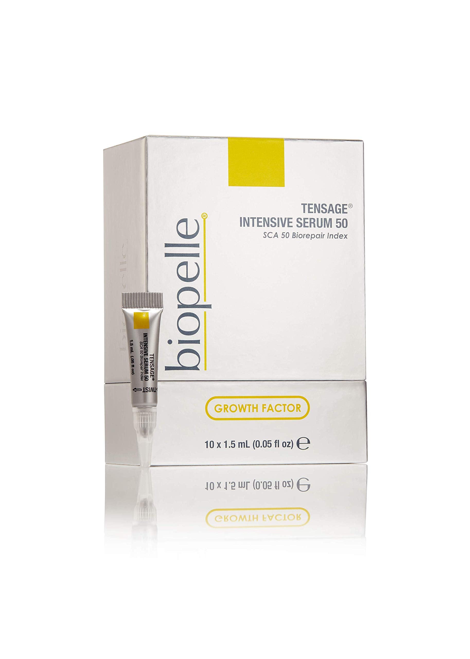 Biopelle Tensage Growth Factor Intensive Serum bottle close-up highlighting SCA 50 Biorepair technology for smoother texture