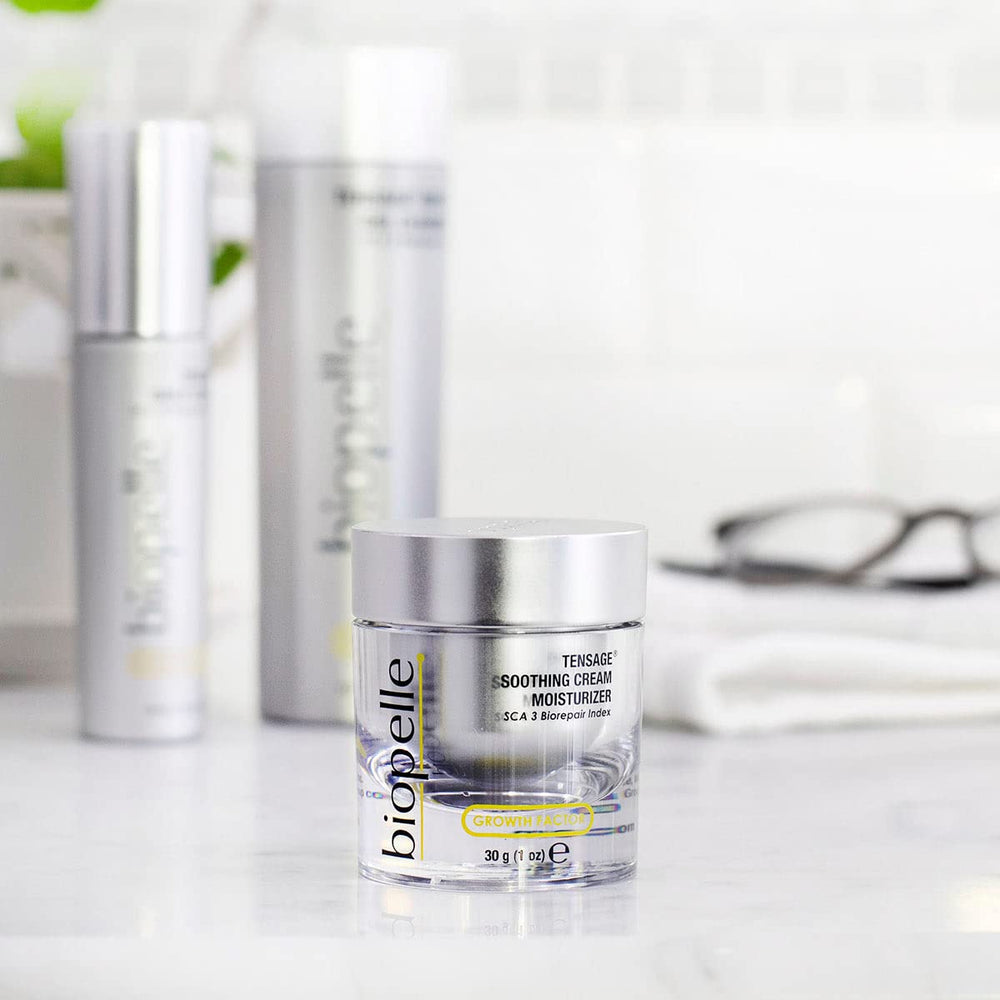 Moisturizer on vanity suggests a simple daily routine for oily skin.