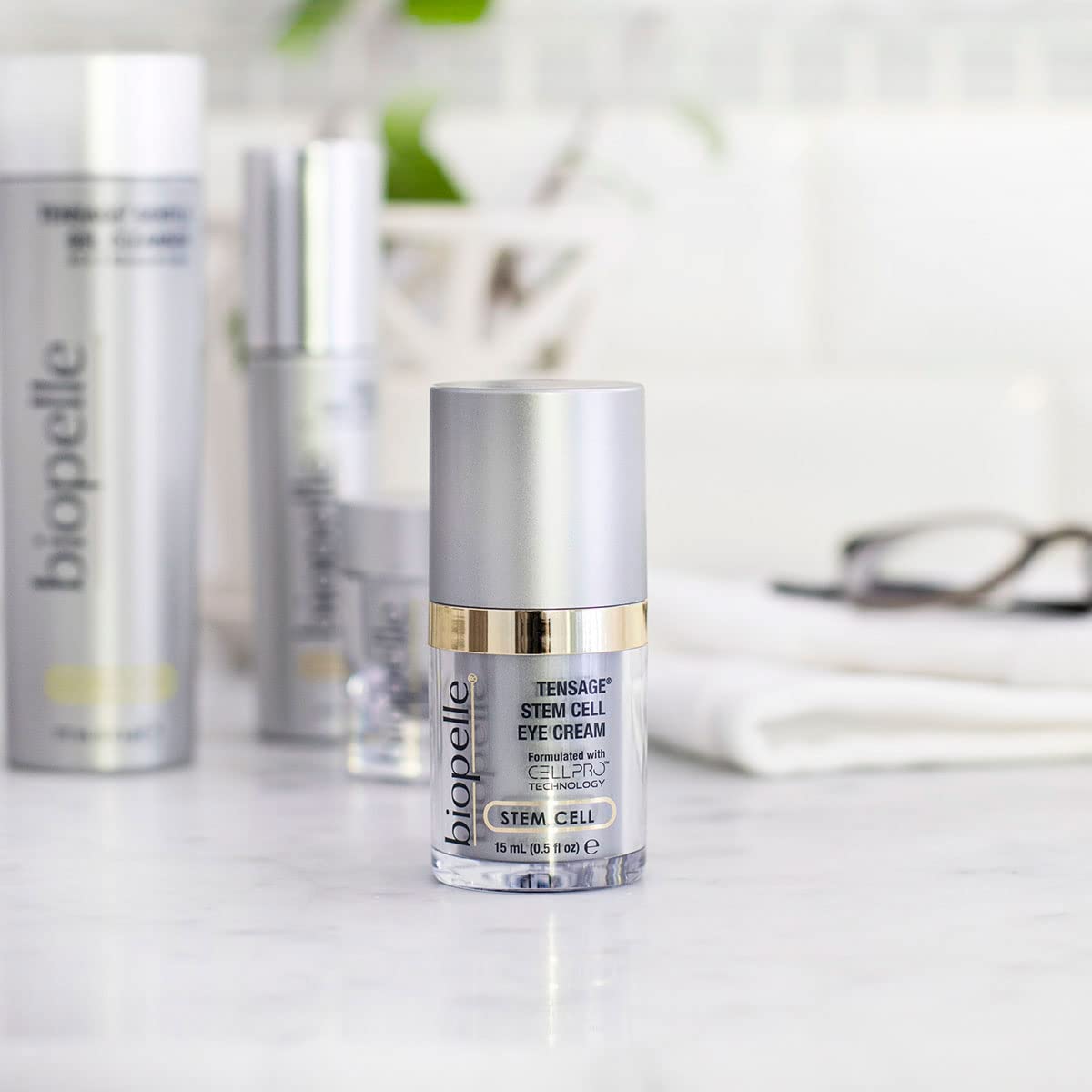 Biopelle Tensage Eye Cream bottle features retinol, caffeine, peptides for supportive eye contour