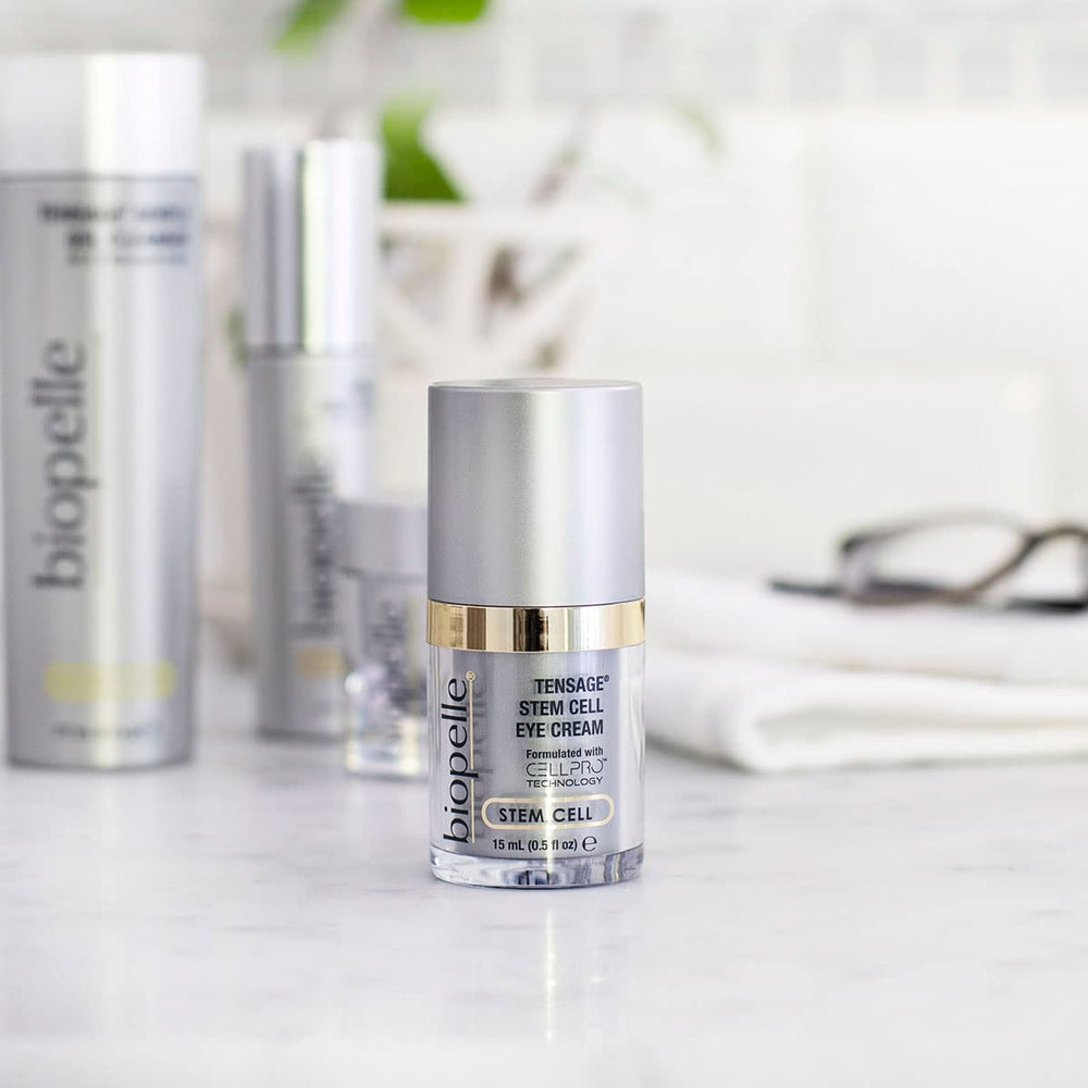 Biopelle Tensage Eye Cream bottle features retinol, caffeine, peptides for supportive eye contour
