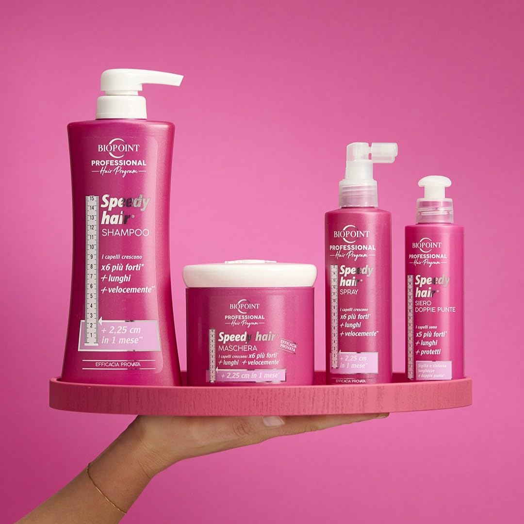BIOPOINT Speedy Hair shampoo label close-up highlights Italian ingredients for scalp care.