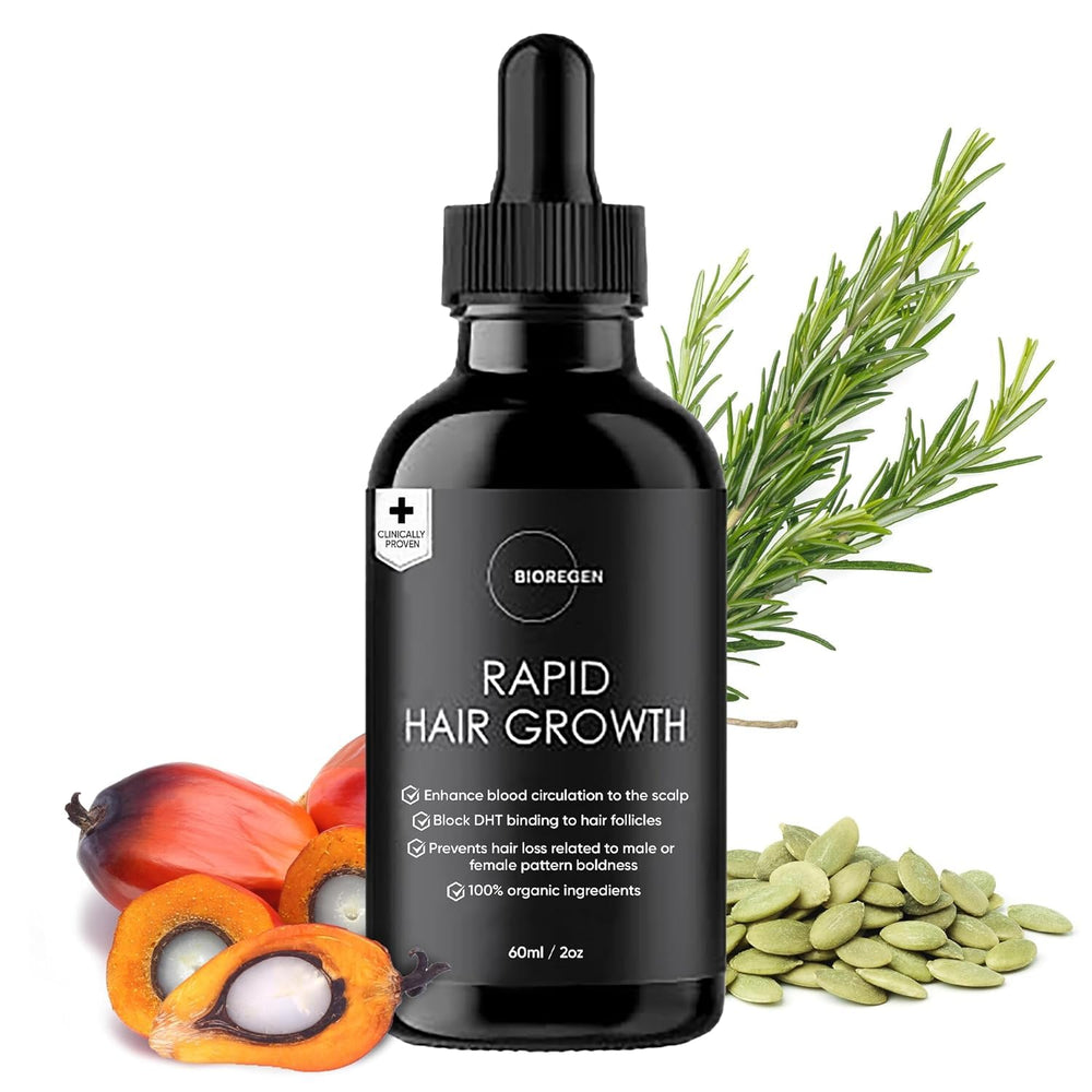 Bioregen Co Rapid Hair Growth Oil bottle showing natural ingredients for scalp nourishment.