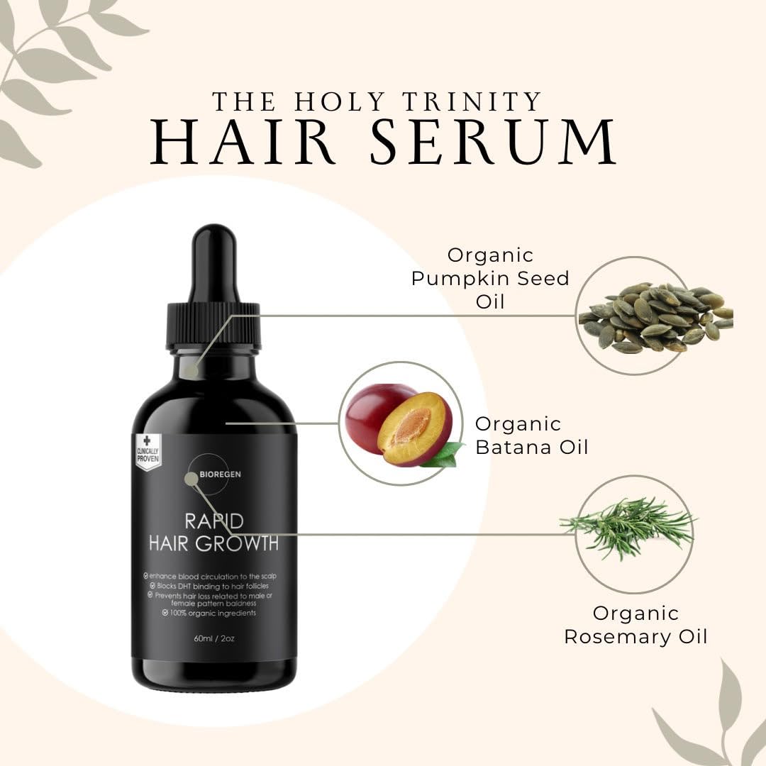 Bioregen Co Rapid Hair Growth Oil packaging emphasizes clean, natural branding and supporting ingredients.
