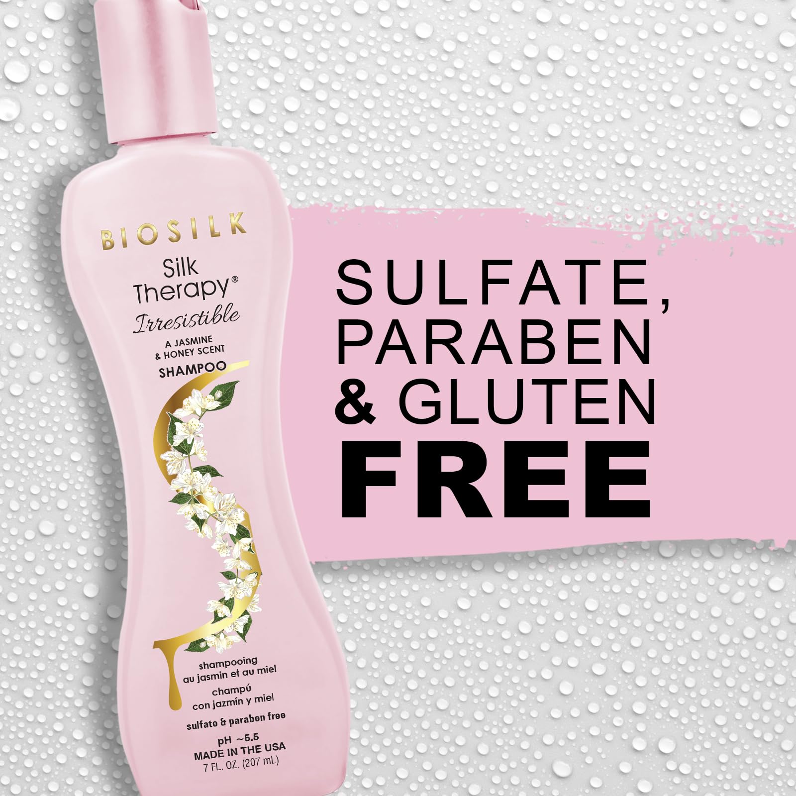 BioSilk Irresistible Shampoo cruelty-free logo on bottle.