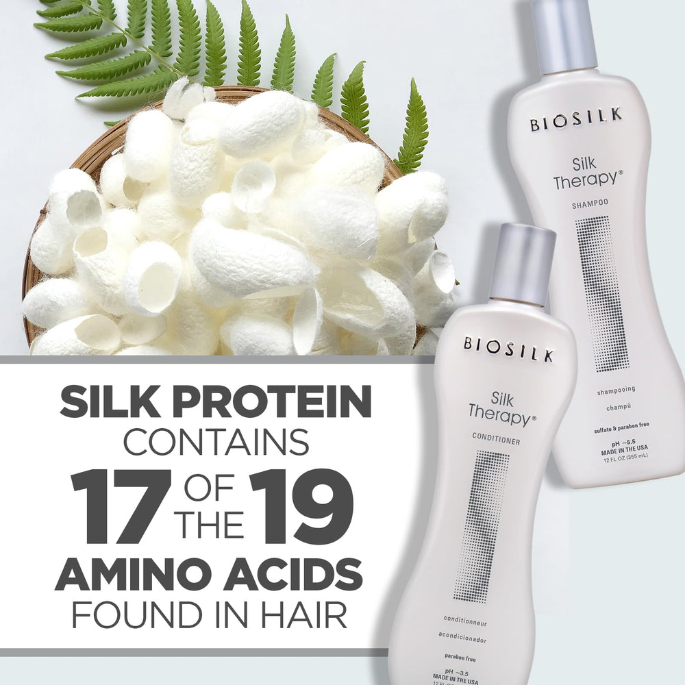 Close-up of BioSilk Silk Therapy bottle reveals silk protein conditioning action.