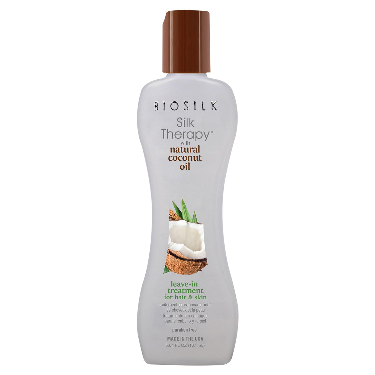 BioSilk Silk Therapy bottle with coconut oil delivers frizz control and shine.