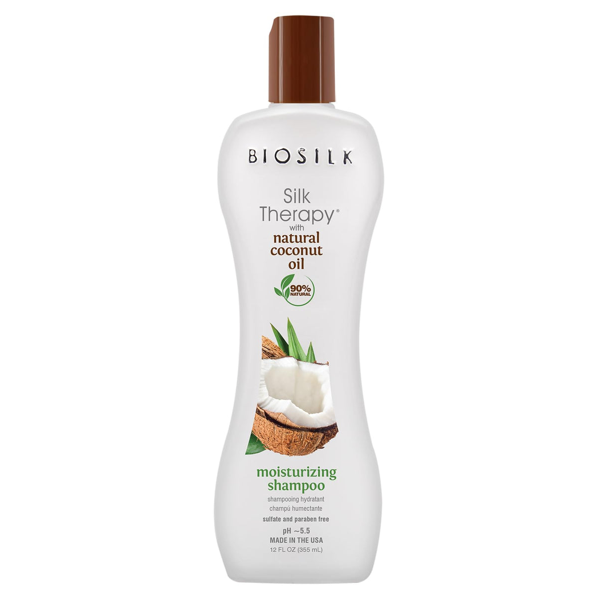 BioSilk Silk Therapy coconut oil shampoo bottle showing gentle cleansing and moisture.