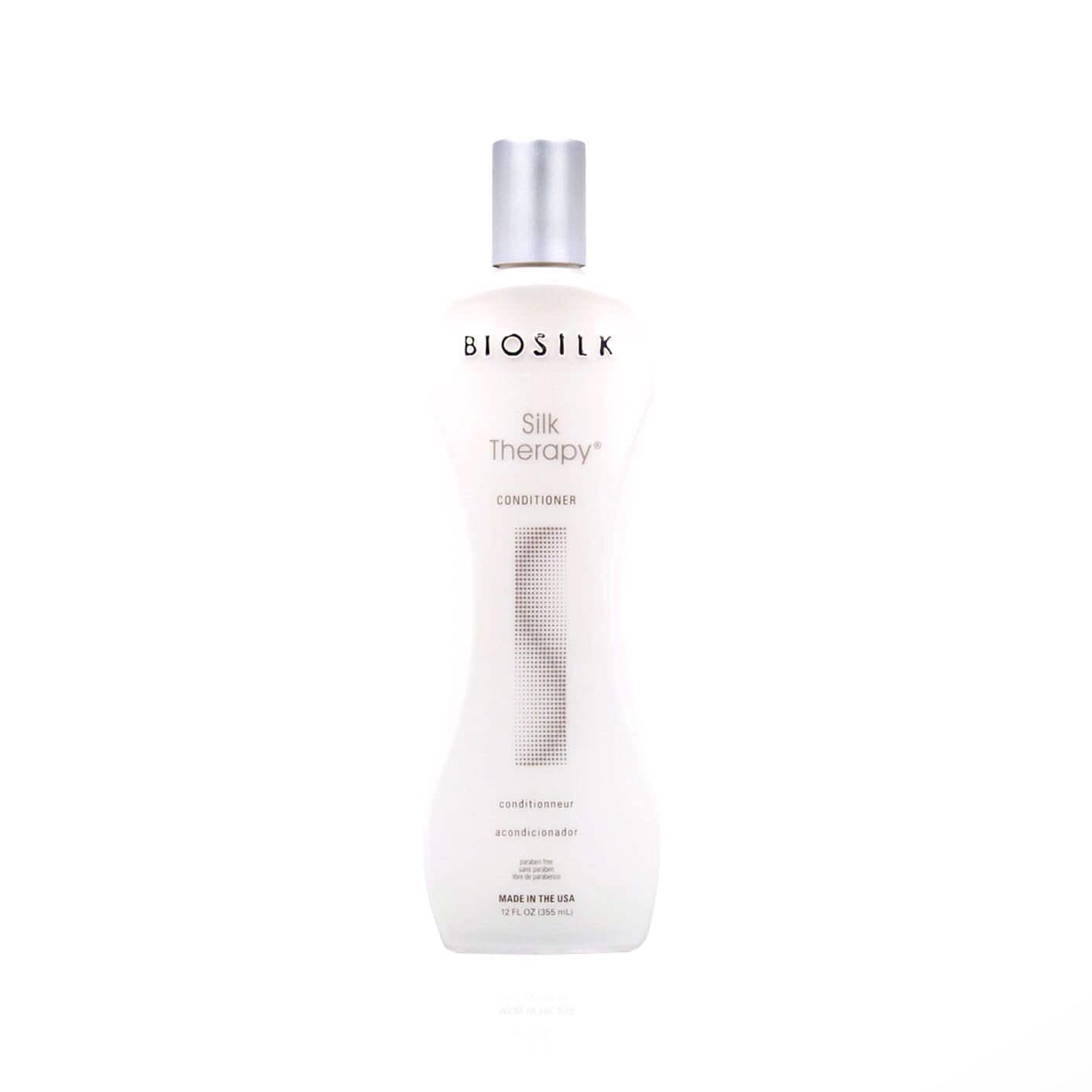 BioSilk Silk Therapy Conditioner bottle closeup highlighting radiance-boosting formula