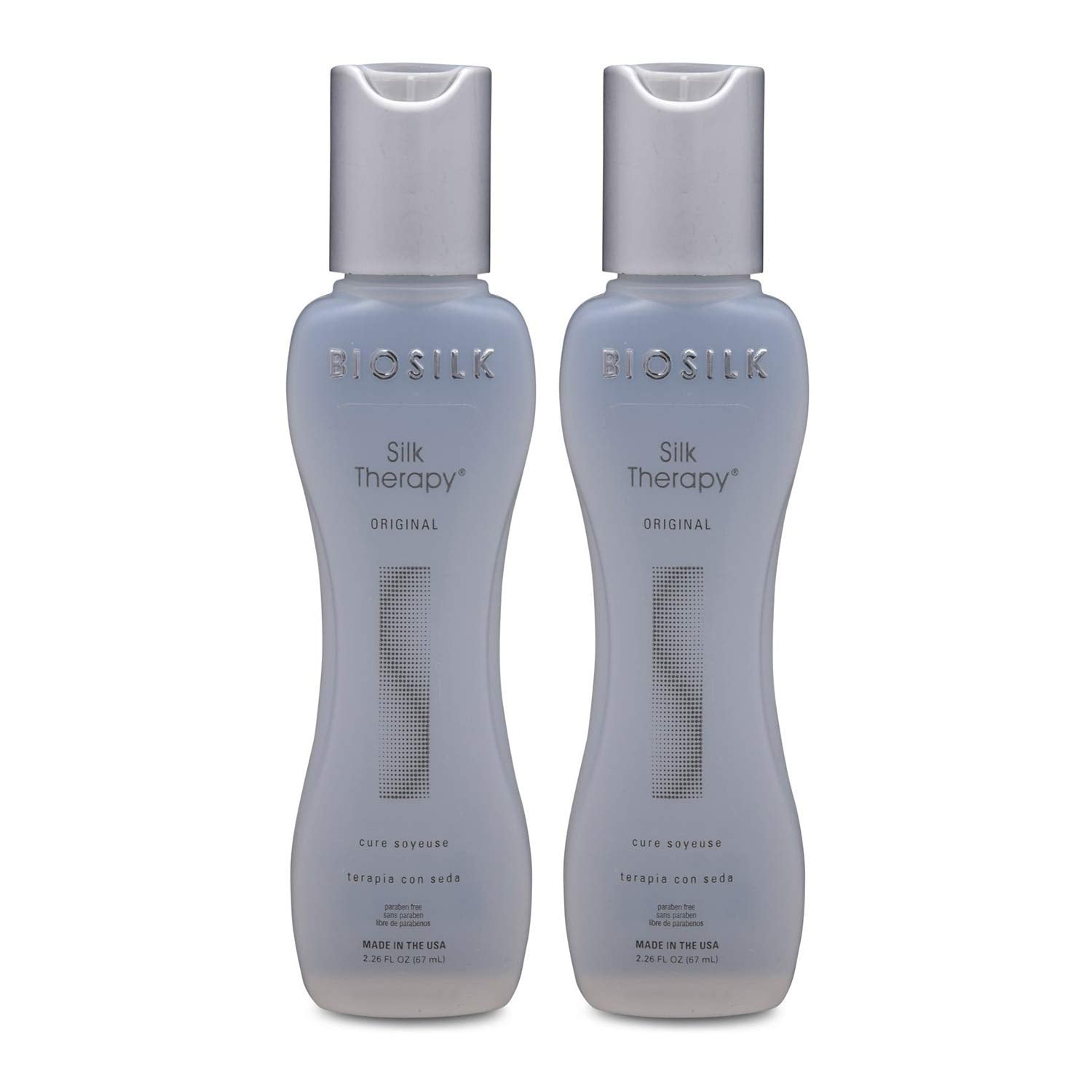 BioSilk Silk Therapy Cure bottle with leave-in treatment for smooth, glossy hair upkeep.