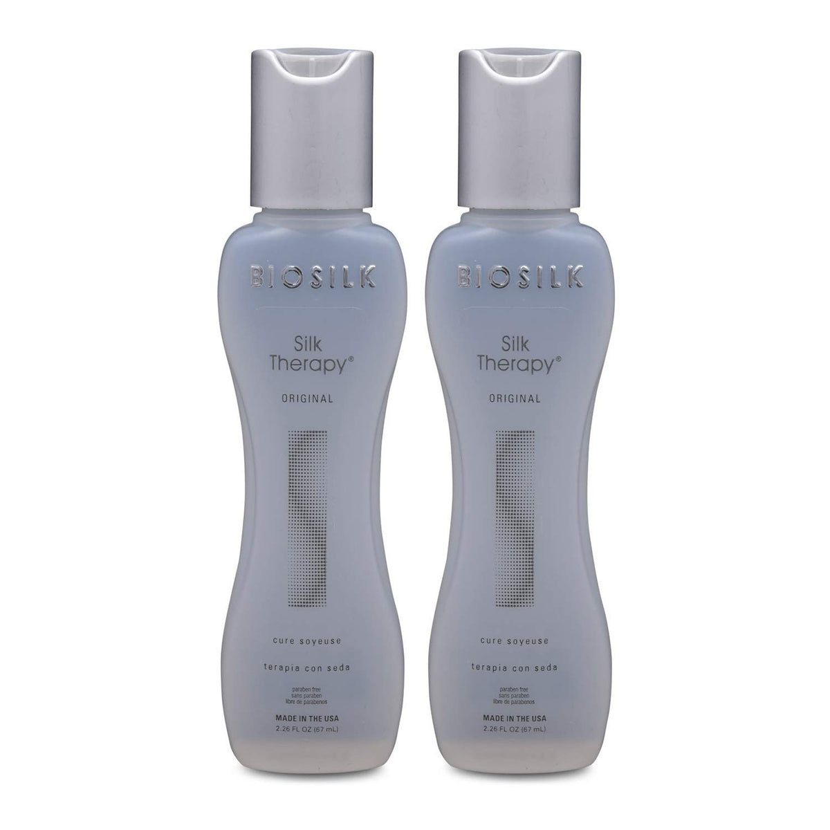 BioSilk Silk Therapy Cure bottle with leave-in treatment for smooth, glossy hair upkeep.