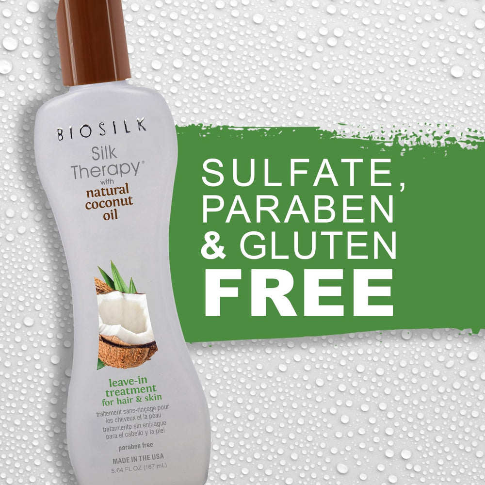 BioSilk Silk Therapy hand-application demonstrates leave-in use on damp hair.