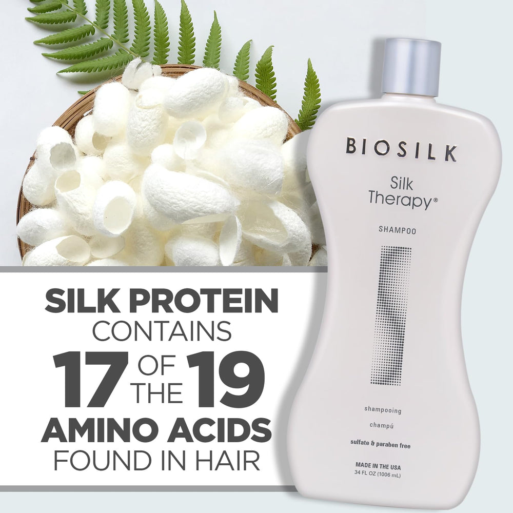 Bathroom scene with BioSilk Silk Therapy Shampoo for at-home hair care.