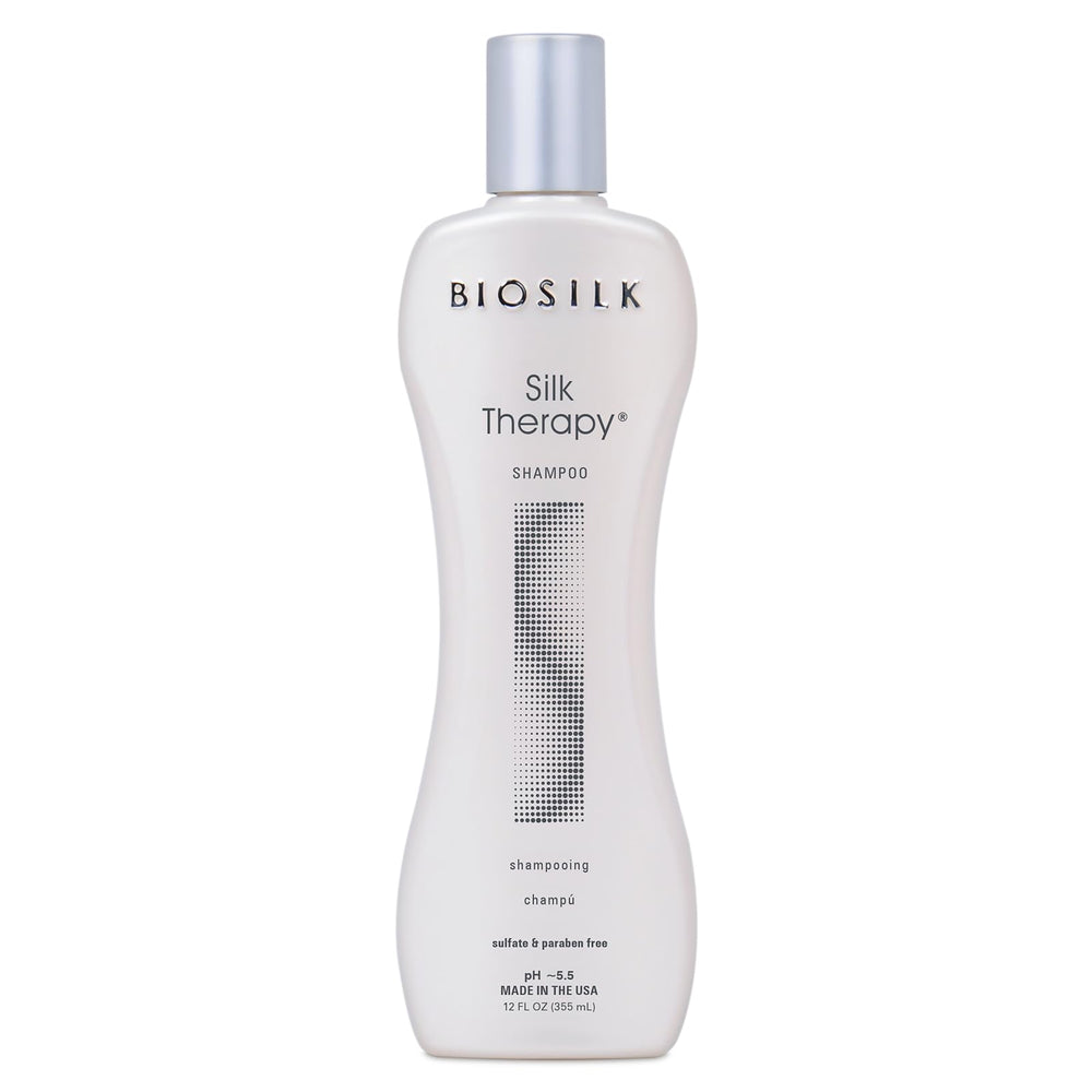 BioSilk Silk Therapy Shampoo bottle with glossy shine promise for healthier hair